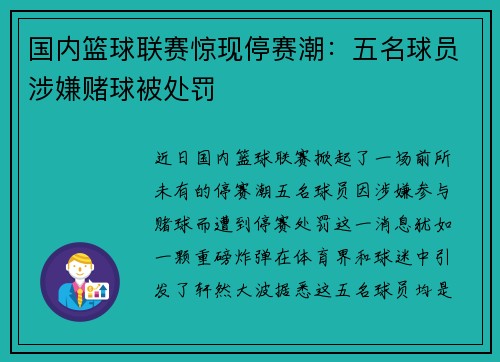 国内篮球联赛惊现停赛潮：五名球员涉嫌赌球被处罚