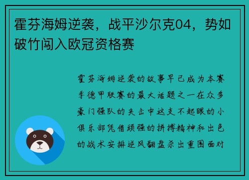 霍芬海姆逆袭，战平沙尔克04，势如破竹闯入欧冠资格赛